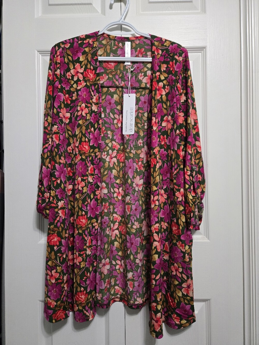 Floral Open-Front Women's Cardigan in Green with Pink, Red And Purple Flowers